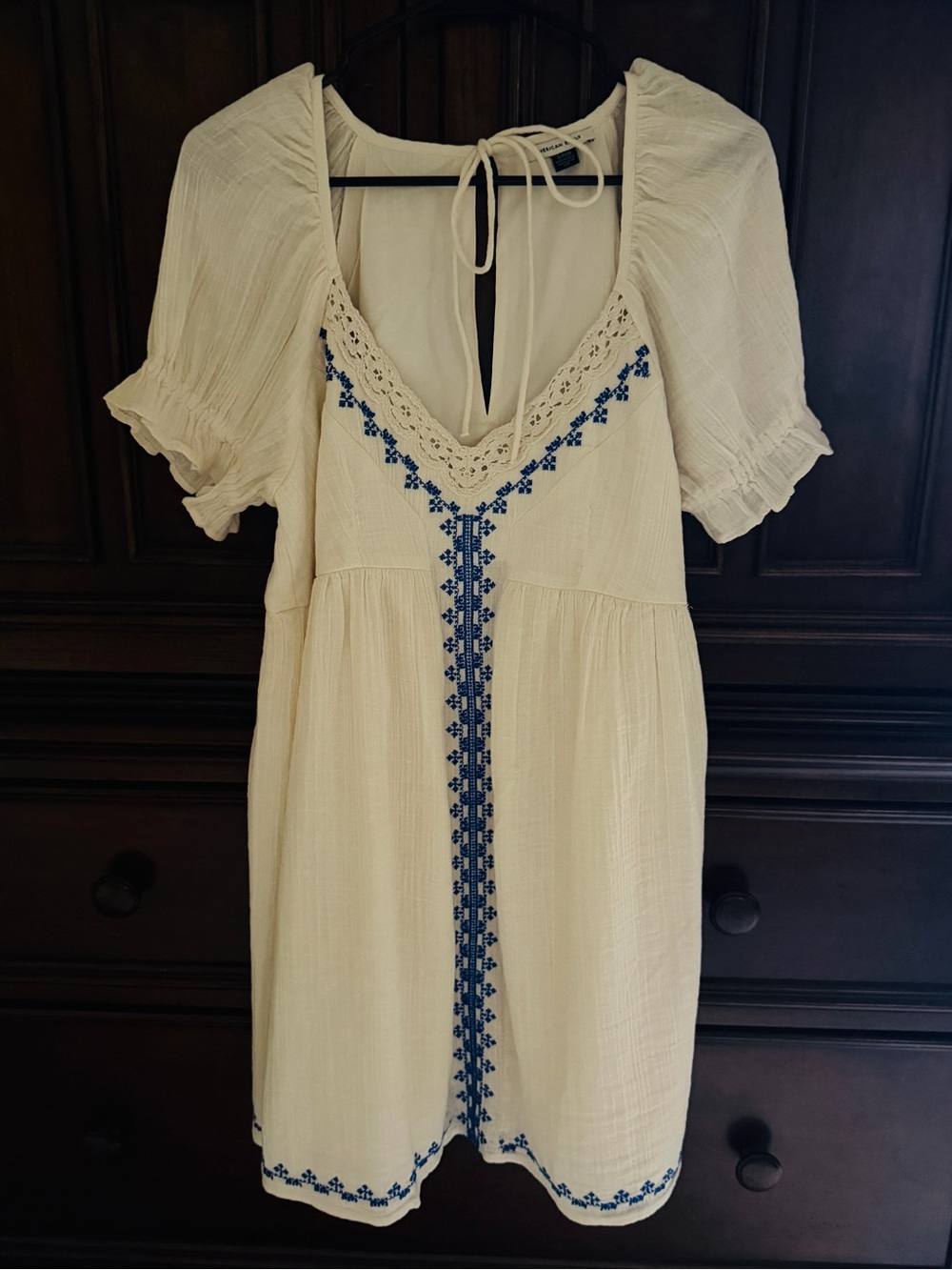 American Eagle Outfitters Cream Dress with Blue Embroidery- brand new,never worn